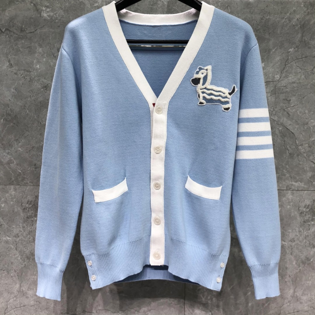 THOM BROWNE 舞狮小狗图案拼色V领针织衫 开衫 毛衣 外套 长袖 蓝色 