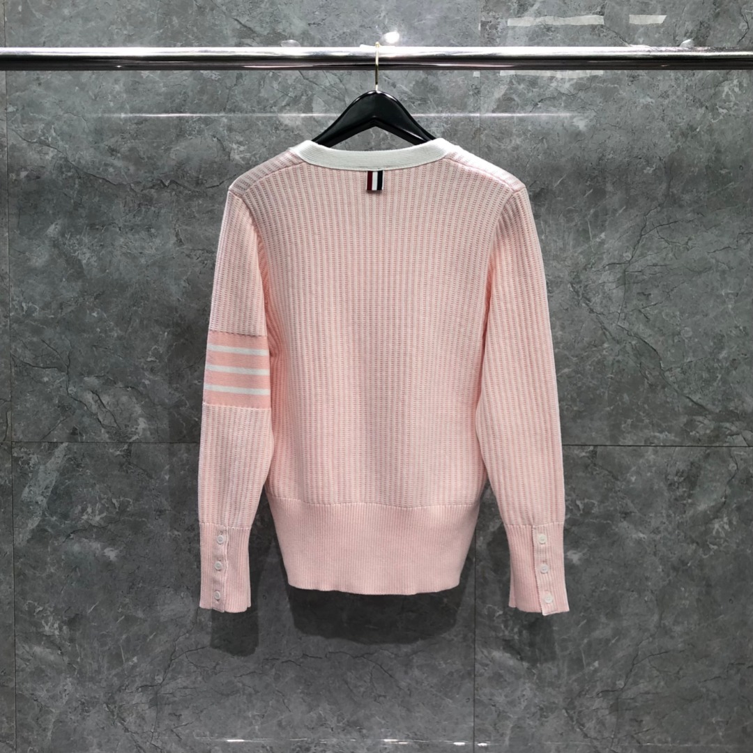 THOM BROWNE 竖条纹拼色V领针织衫 开衫 毛衣 外套 长袖 蓝色 粉色