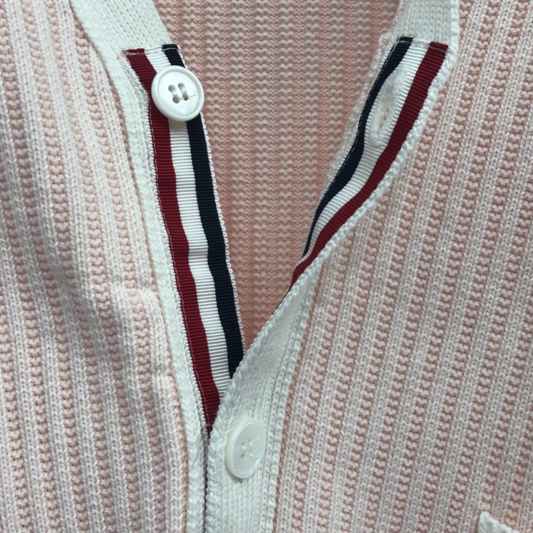 THOM BROWNE 竖条纹拼色V领针织衫 开衫 毛衣 外套 长袖 蓝色 粉色
