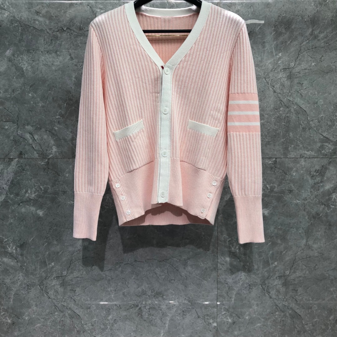 THOM BROWNE 竖条纹拼色V领针织衫 开衫 毛衣 外套 长袖 蓝色 粉色