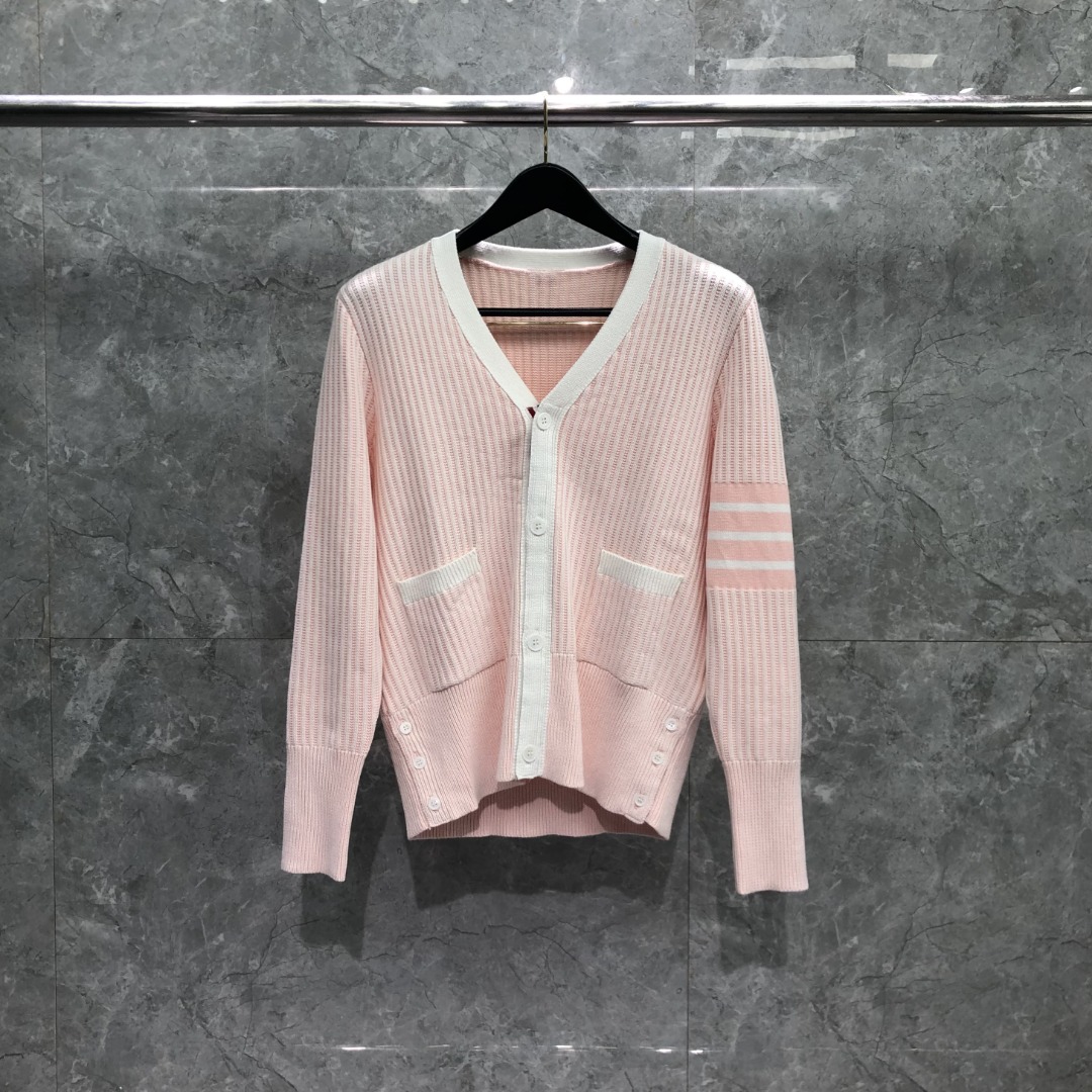 THOM BROWNE 竖条纹拼色V领针织衫 开衫 毛衣 外套 长袖 蓝色 粉色