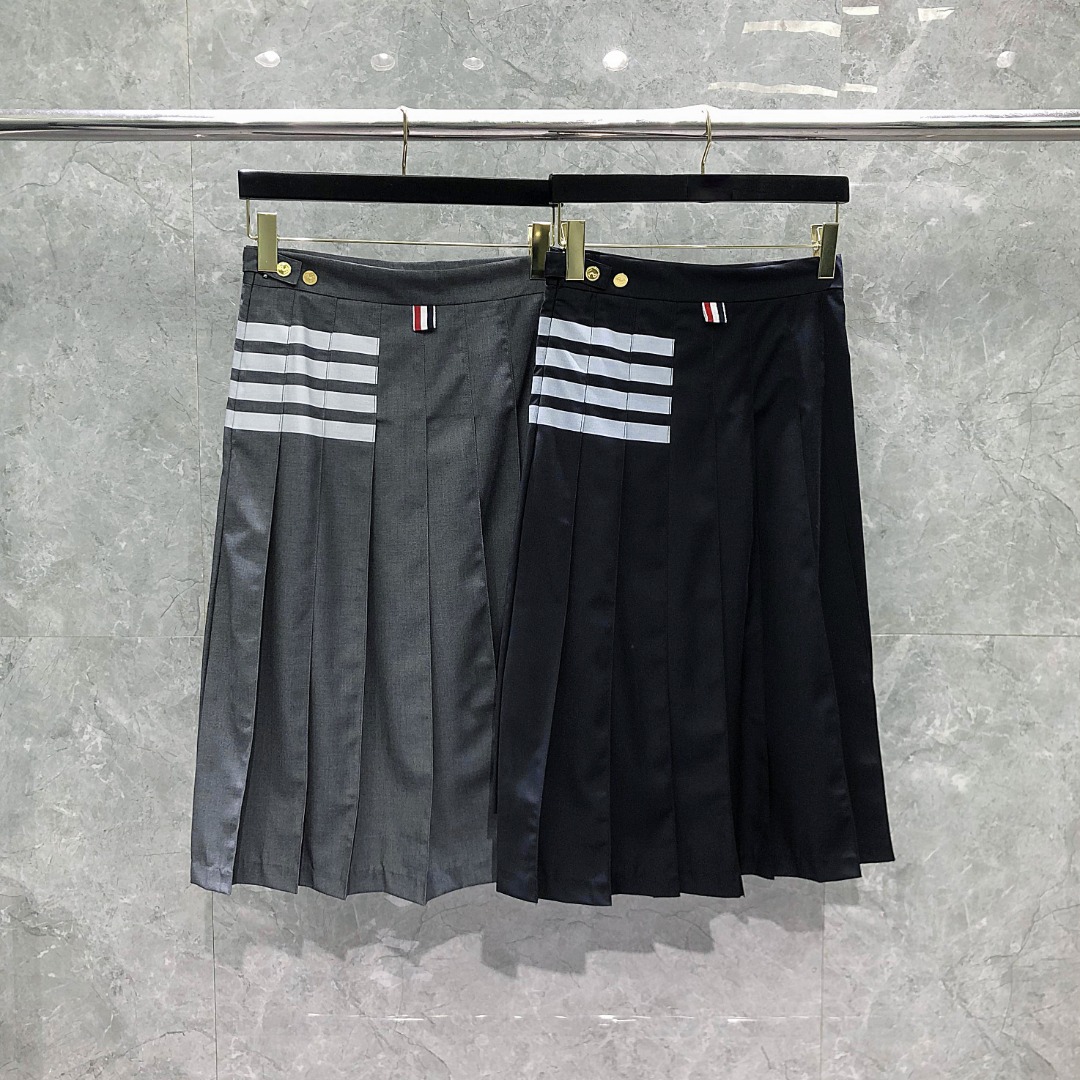 THOM BROWNE 经典四杠拉链中长款百褶裙 中长裙 裙子 女款 藏青色 灰色