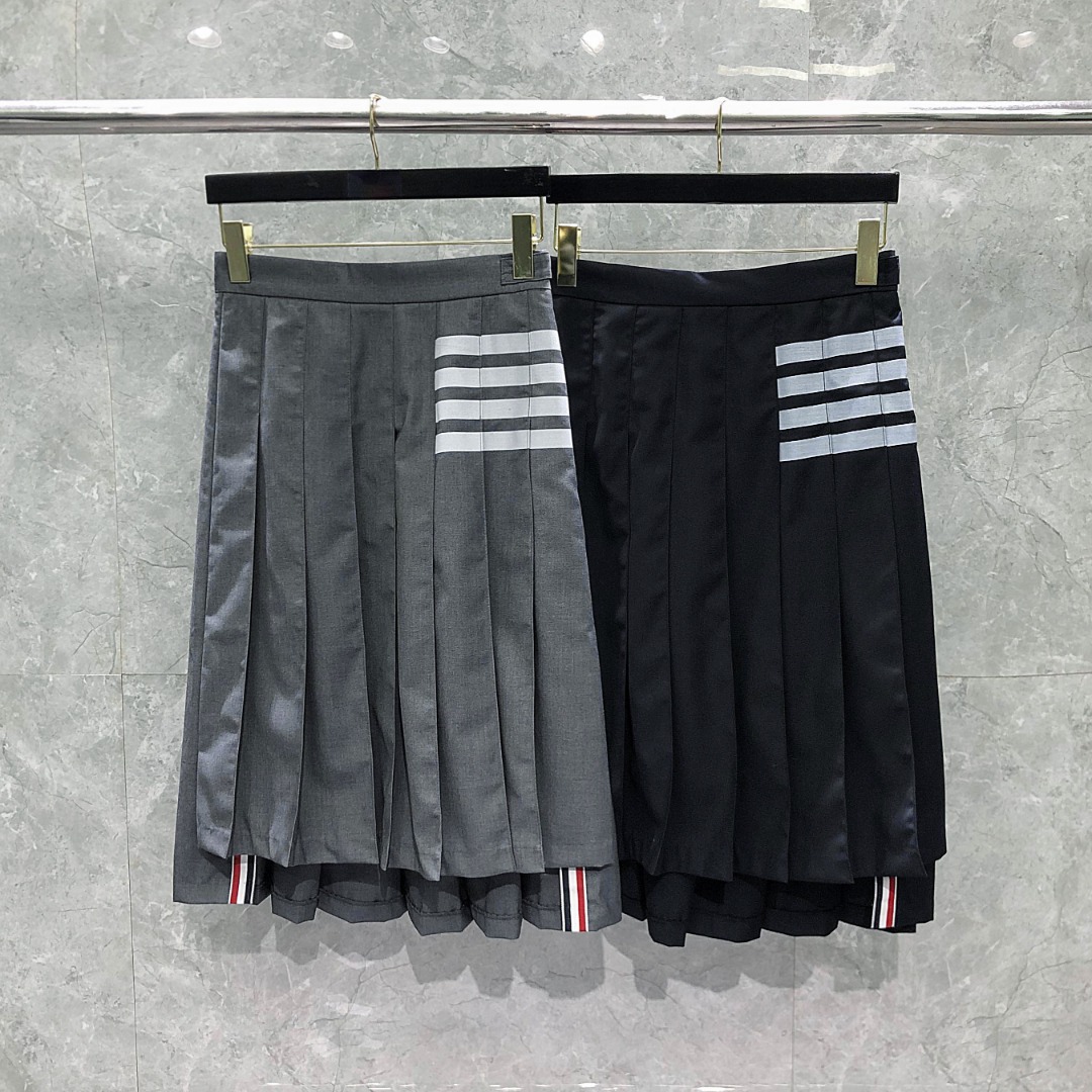 THOM BROWNE 经典四杠拉链中长款百褶裙 中长裙 裙子 女款 藏青色 灰色