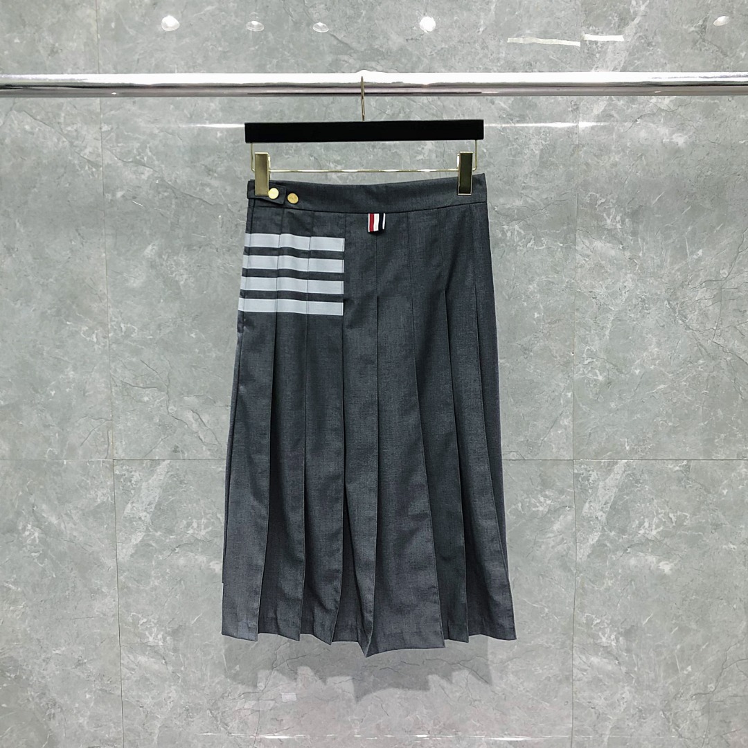 THOM BROWNE 经典四杠拉链中长款百褶裙 中长裙 裙子 女款 藏青色 灰色