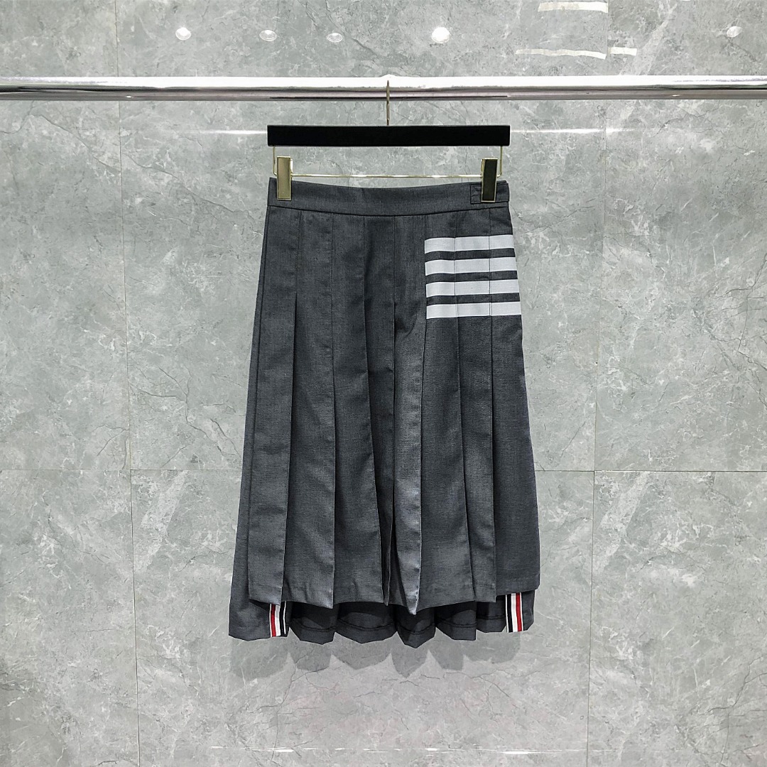 THOM BROWNE 经典四杠拉链中长款百褶裙 中长裙 裙子 女款 藏青色 灰色