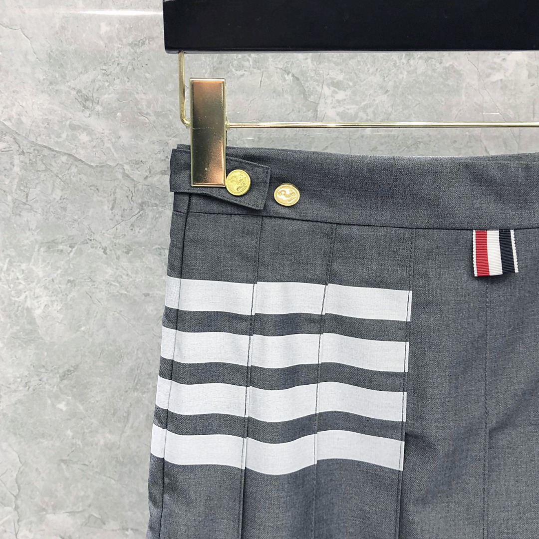 THOM BROWNE 经典四杠拉链中长款百褶裙 中长裙 裙子 女款 藏青色 灰色