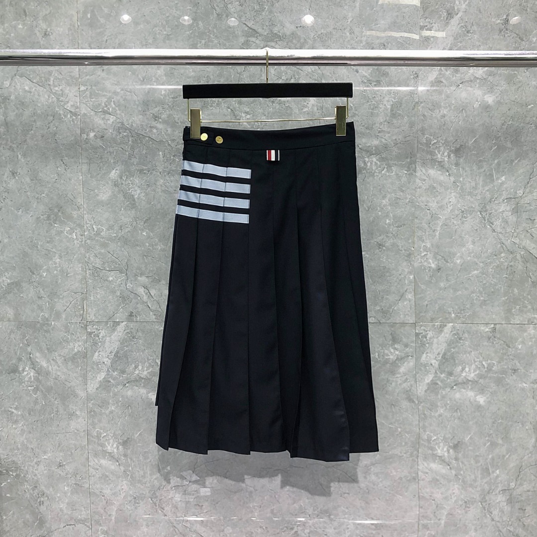 THOM BROWNE 经典四杠拉链中长款百褶裙 中长裙 裙子 女款 藏青色 灰色