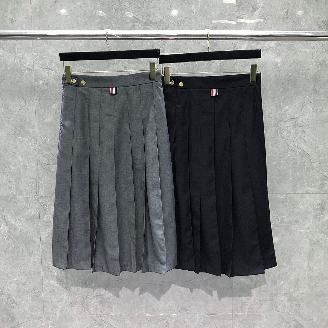 THOM BROWNE 纯色中长款百褶裙 中长裙 裙子 女款 藏青色 灰色