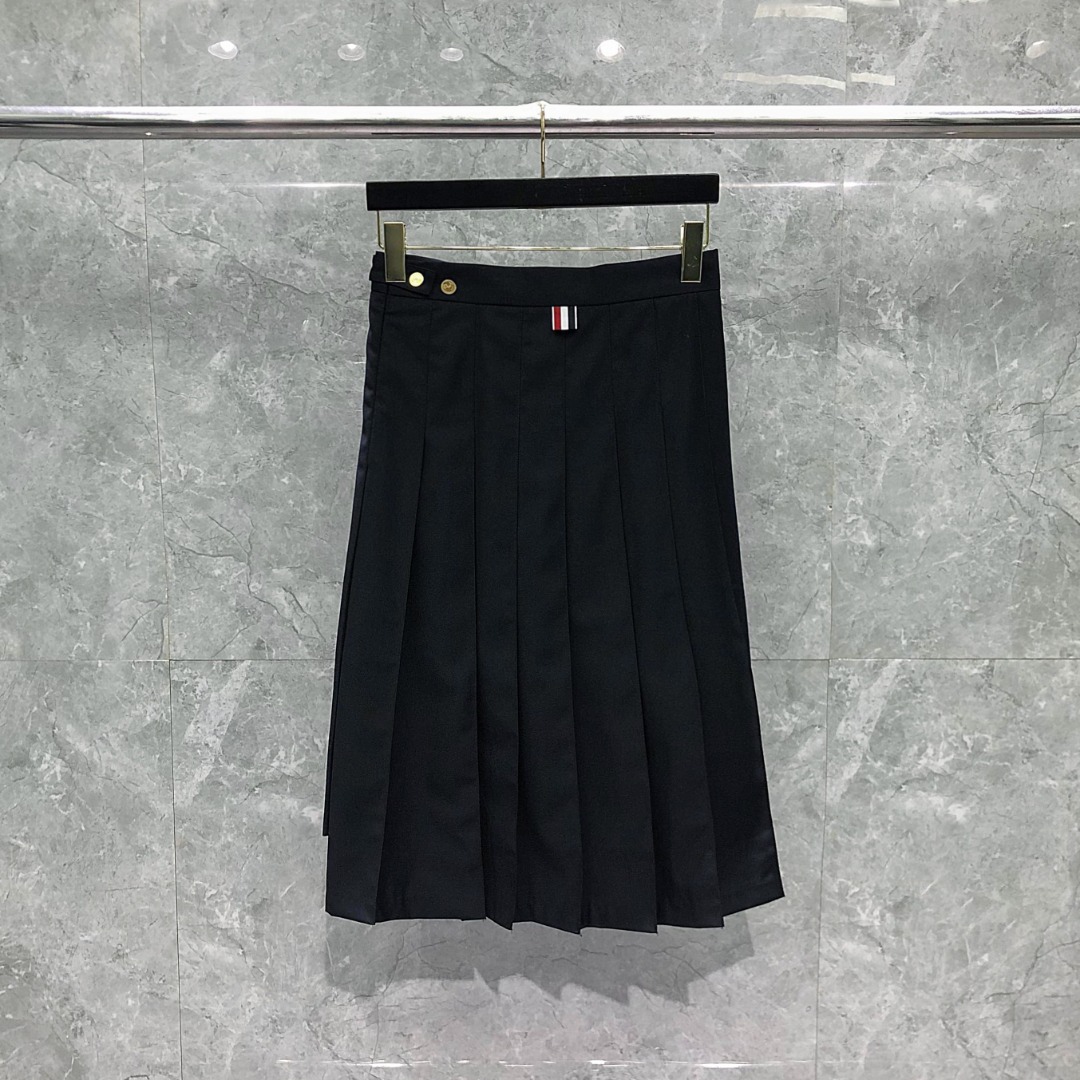 THOM BROWNE 纯色中长款百褶裙 中长裙 裙子 女款 藏青色 灰色