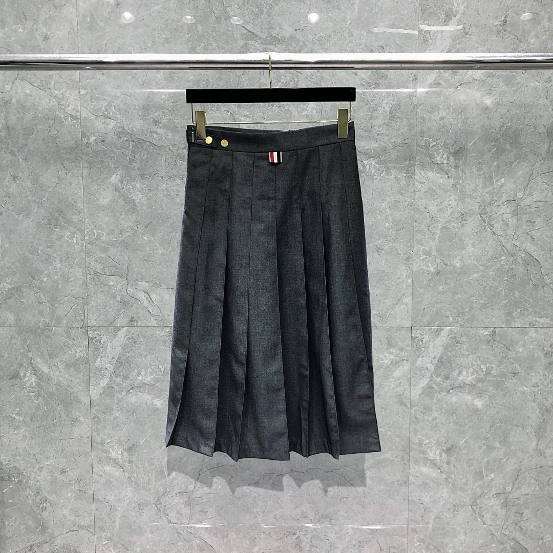 THOM BROWNE 纯色中长款百褶裙 中长裙 裙子 女款 藏青色 灰色