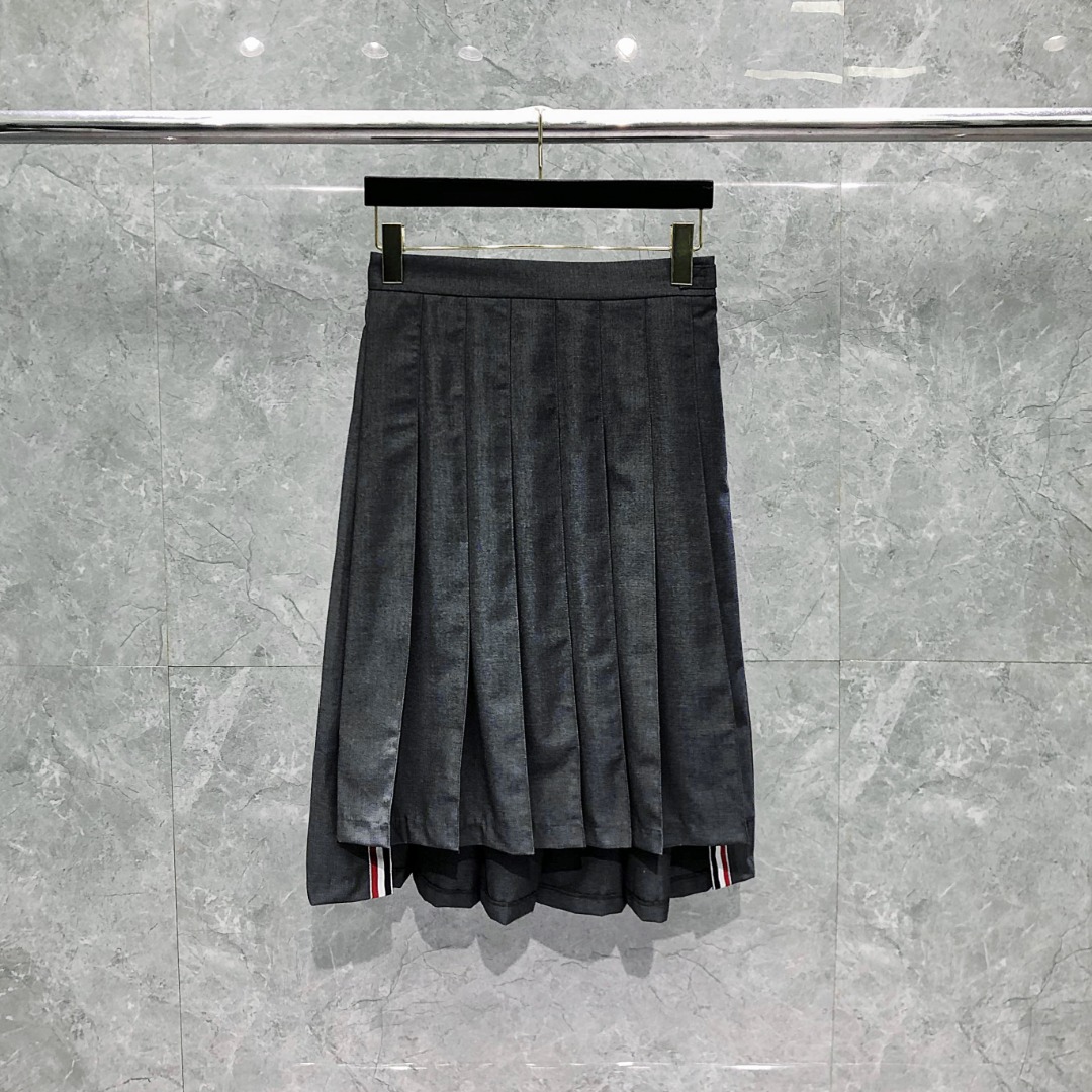 THOM BROWNE 纯色中长款百褶裙 中长裙 裙子 女款 藏青色 灰色