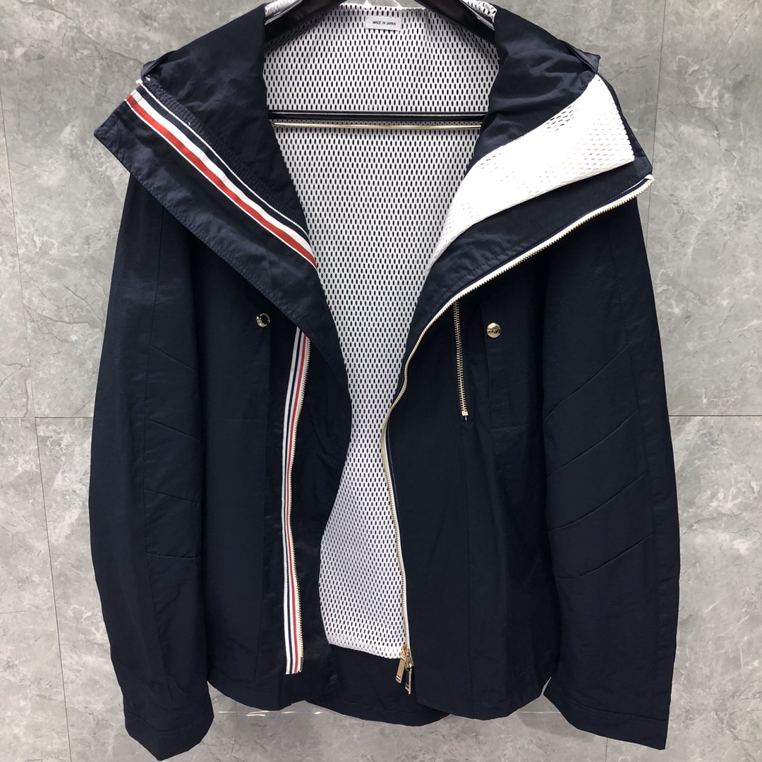 THOM BROWNE 织带双拉链连帽夹克 外套 长袖 藏青色