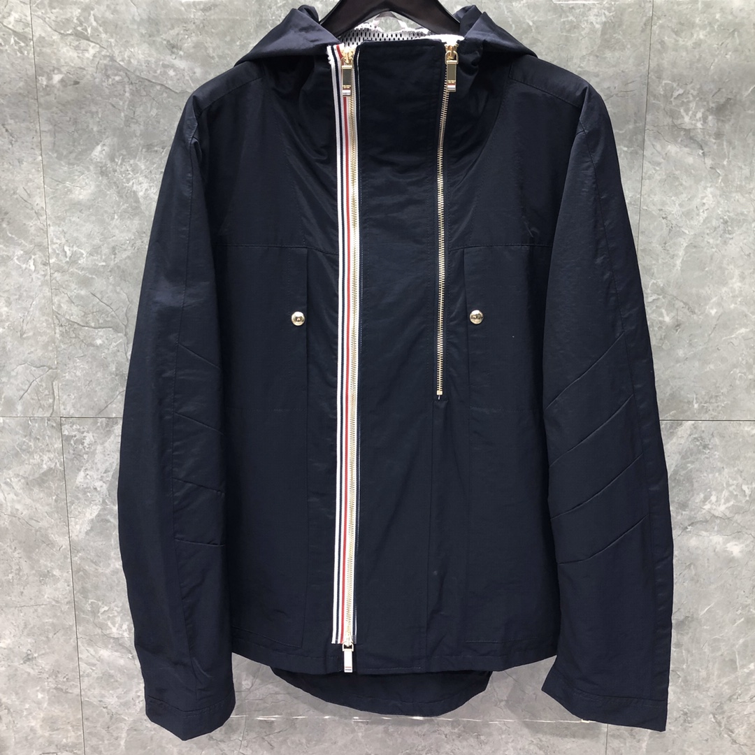 THOM BROWNE 织带双拉链连帽夹克 外套 长袖 藏青色