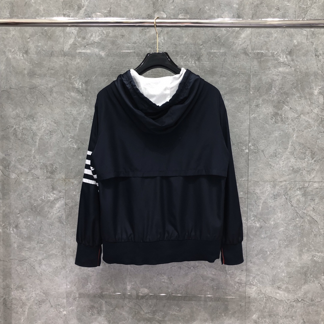 THOM BROWNE 经典四杠网眼透气拉链连帽夹克 外套 长袖 藏青色