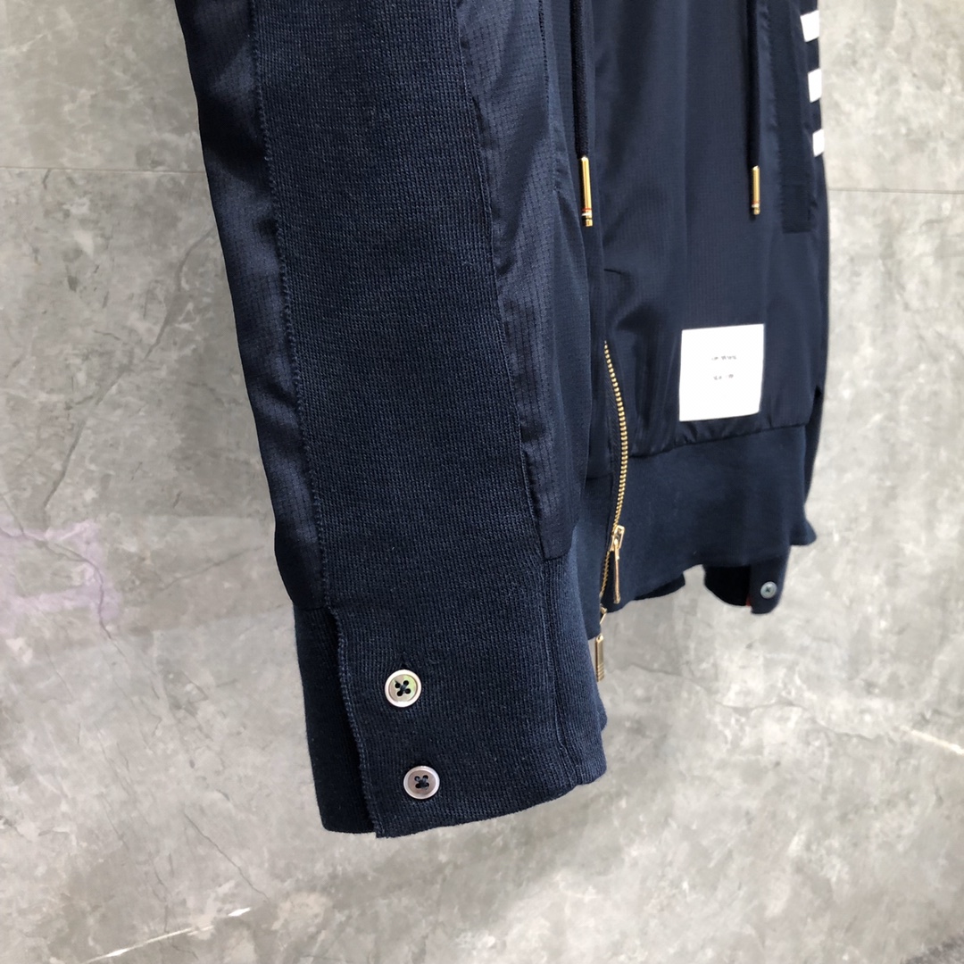 THOM BROWNE 经典四杠网眼透气拉链连帽夹克 外套 长袖 藏青色