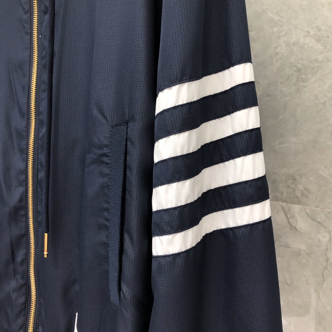 THOM BROWNE 经典四杠网眼透气拉链连帽夹克 外套 长袖 藏青色