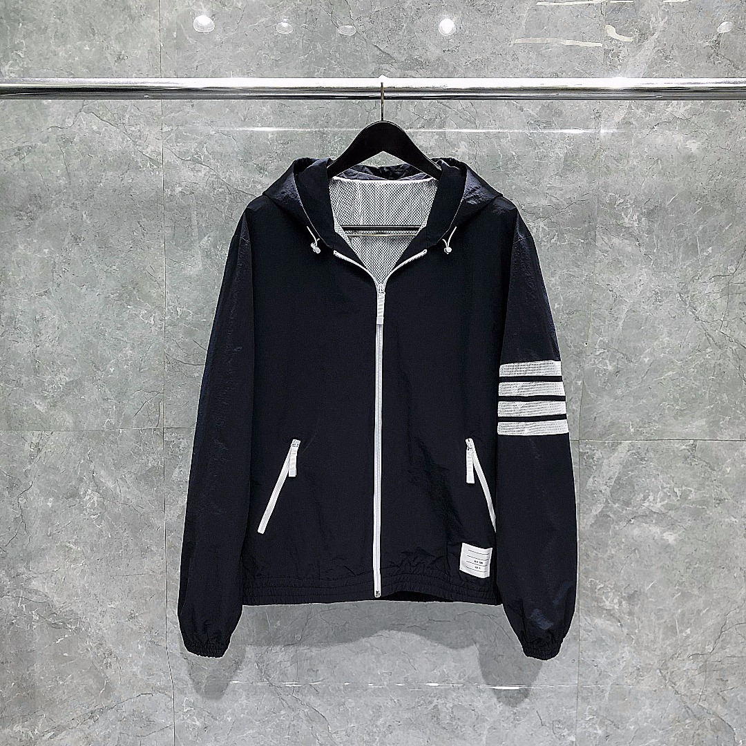 THOM BROWNE 网眼四杠拉链连帽夹克 外套 长袖 白色 灰色 藏青色