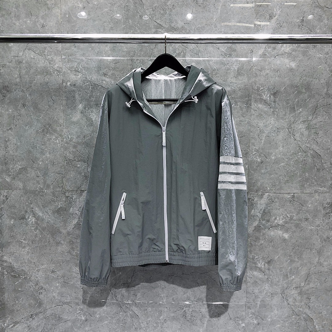 THOM BROWNE 网眼四杠拉链连帽夹克 外套 长袖 白色 灰色 藏青色