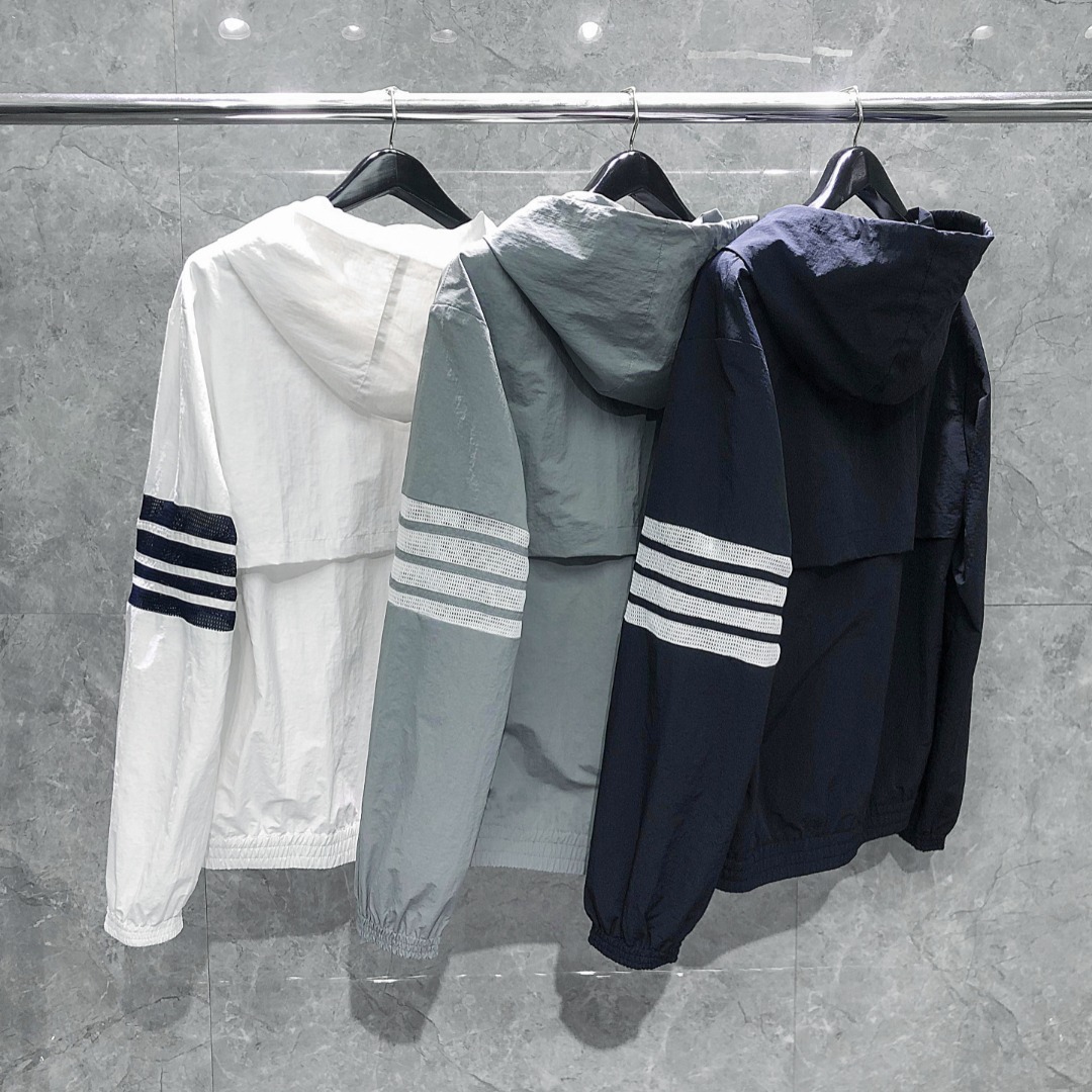 THOM BROWNE 网眼四杠拉链连帽夹克 外套 长袖 白色 灰色 藏青色
