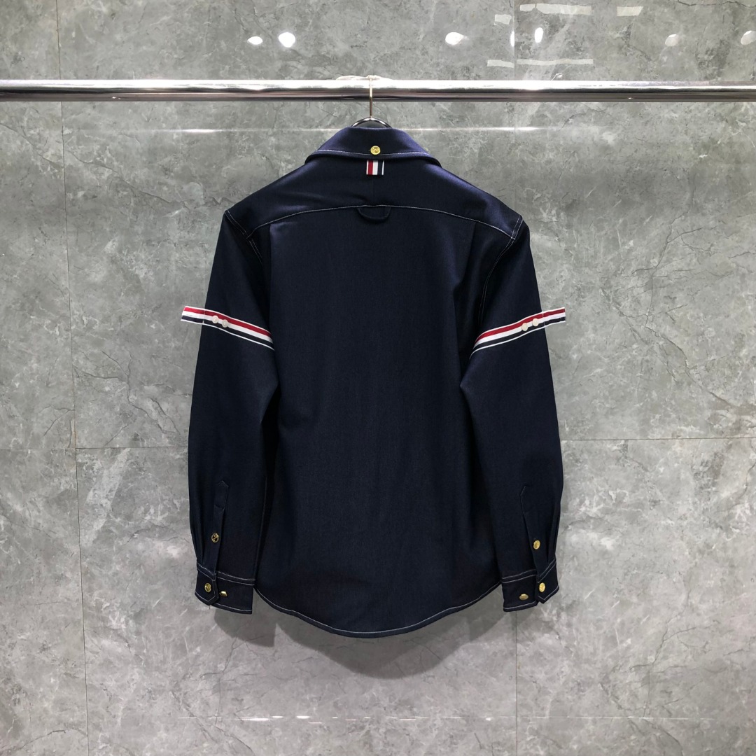 THOM BROWNE 双袖织带牛仔衬衫 外套 长袖 拼色 藏青色