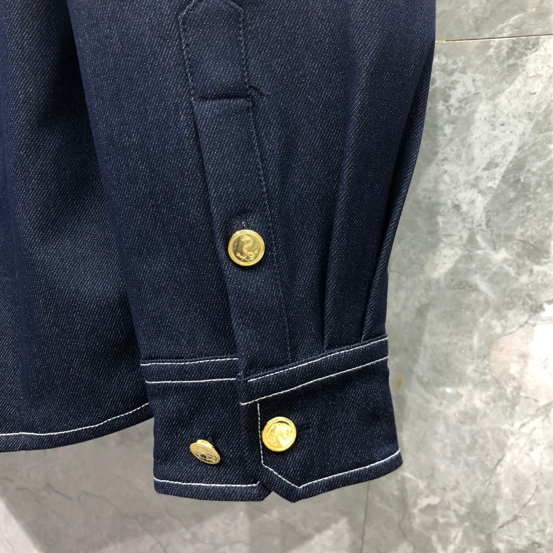 THOM BROWNE 双袖织带牛仔衬衫 外套 长袖 拼色 藏青色
