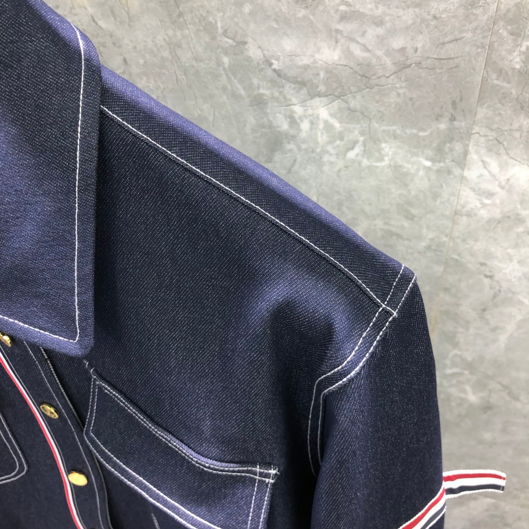 THOM BROWNE 双袖织带牛仔衬衫 外套 长袖 拼色 藏青色