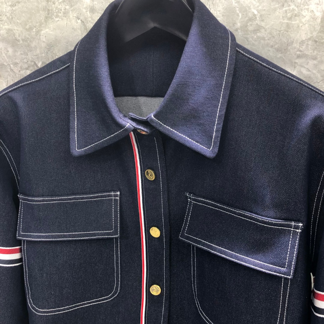 THOM BROWNE 双袖织带牛仔衬衫 外套 长袖 拼色 藏青色