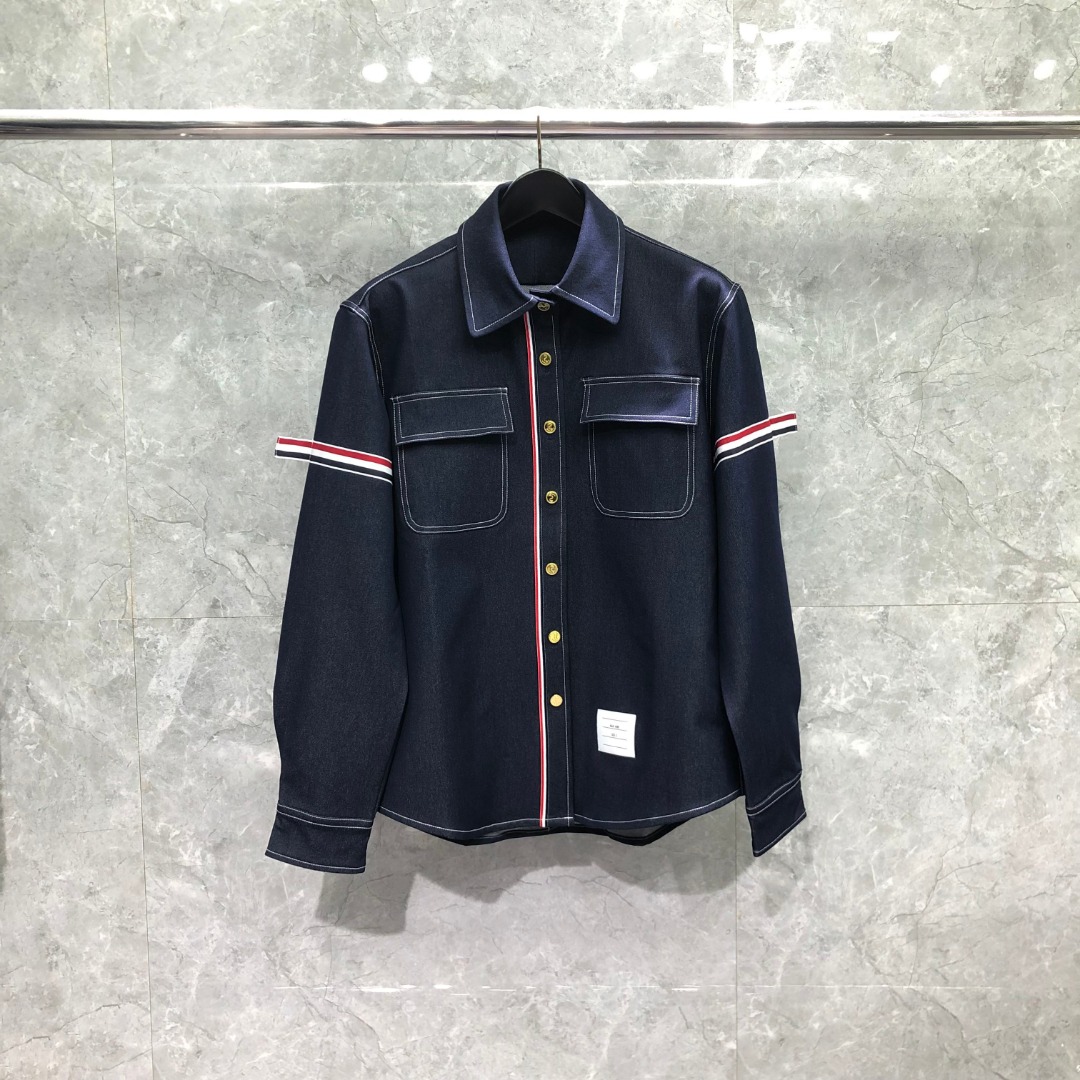 THOM BROWNE 双袖织带牛仔衬衫 外套 长袖 拼色 藏青色