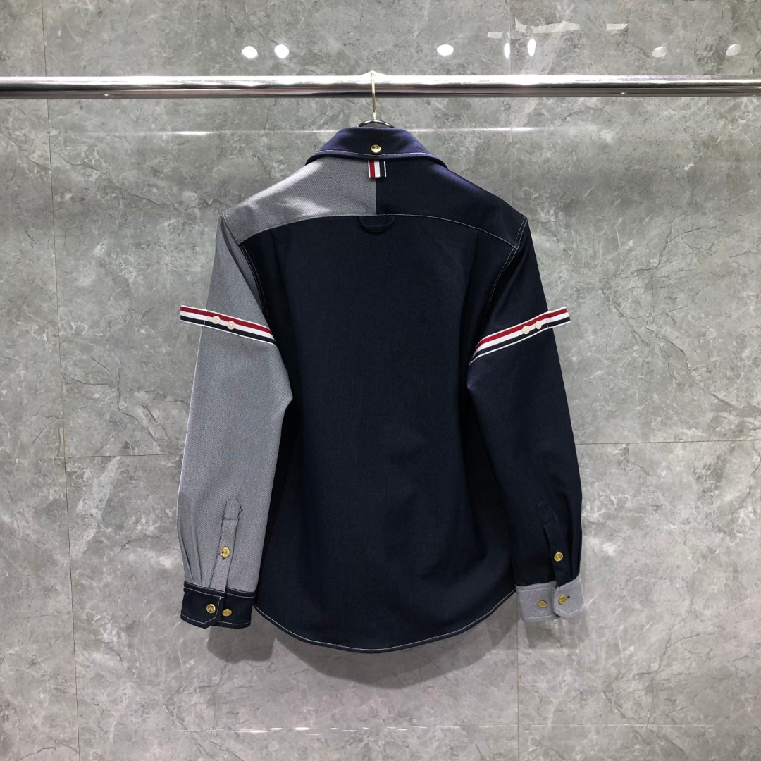 THOM BROWNE 双袖织带牛仔衬衫 外套 长袖 拼色 藏青色