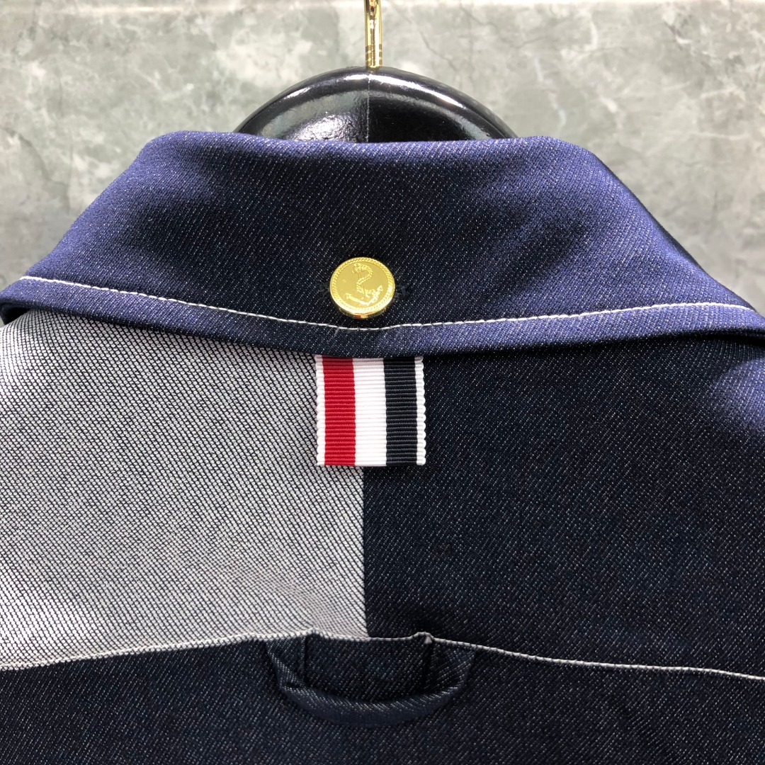 THOM BROWNE 双袖织带牛仔衬衫 外套 长袖 拼色 藏青色