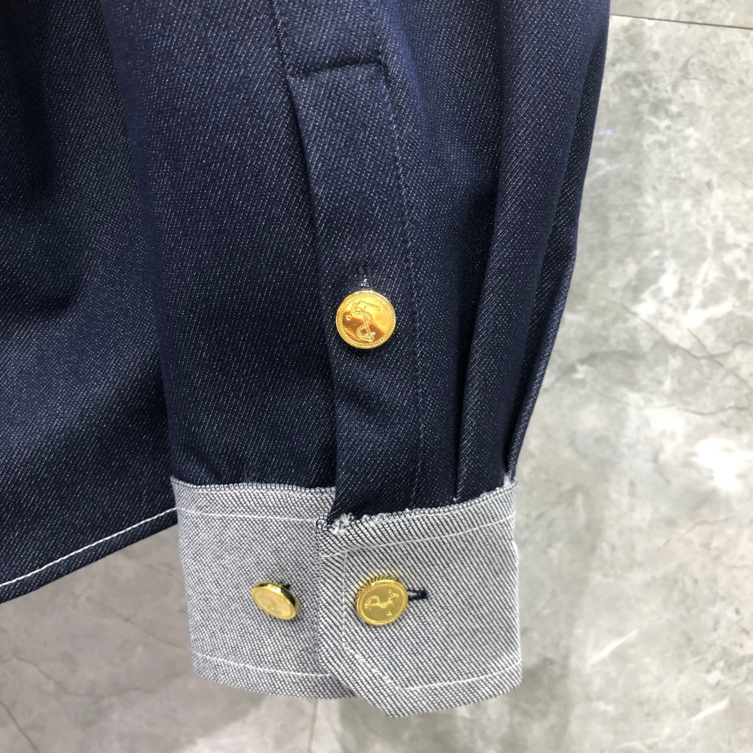 THOM BROWNE 双袖织带牛仔衬衫 外套 长袖 拼色 藏青色