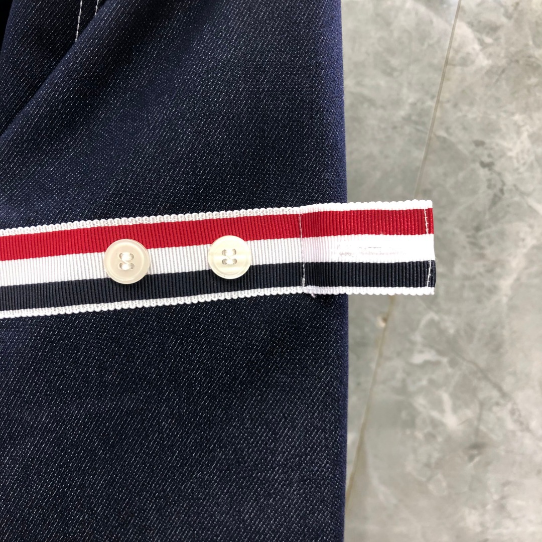THOM BROWNE 双袖织带牛仔衬衫 外套 长袖 拼色 藏青色