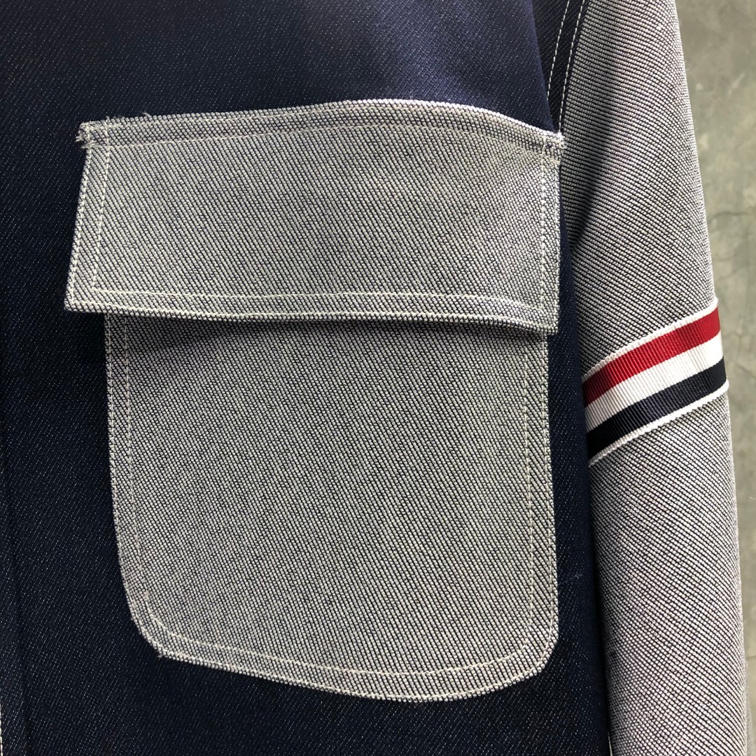 THOM BROWNE 双袖织带牛仔衬衫 外套 长袖 拼色 藏青色