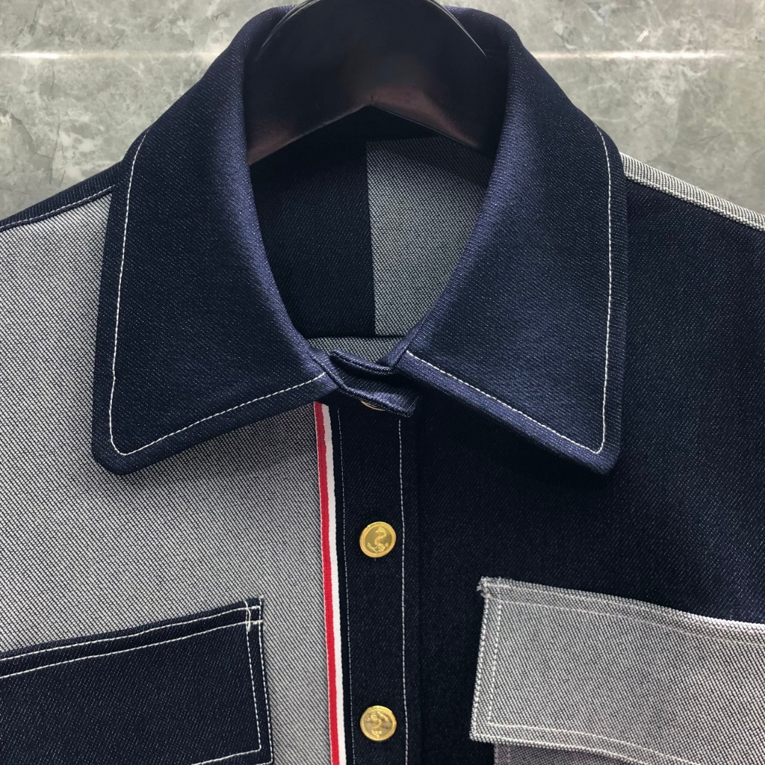 THOM BROWNE 双袖织带牛仔衬衫 外套 长袖 拼色 藏青色