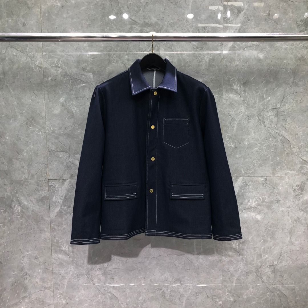 THOM BROWNE 多口袋明线牛仔外套 夹克 外套 长袖 浅蓝色 藏青色