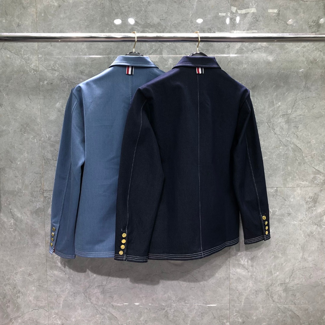 THOM BROWNE 多口袋明线牛仔外套 夹克 外套 长袖 浅蓝色 藏青色