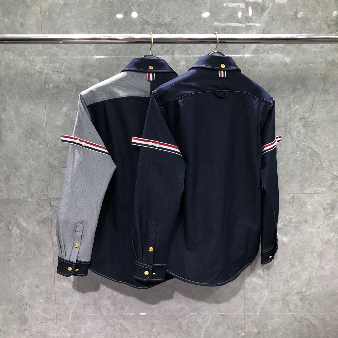 THOM BROWNE 双袖织带牛仔衬衫 外套 长袖 拼色 藏青色