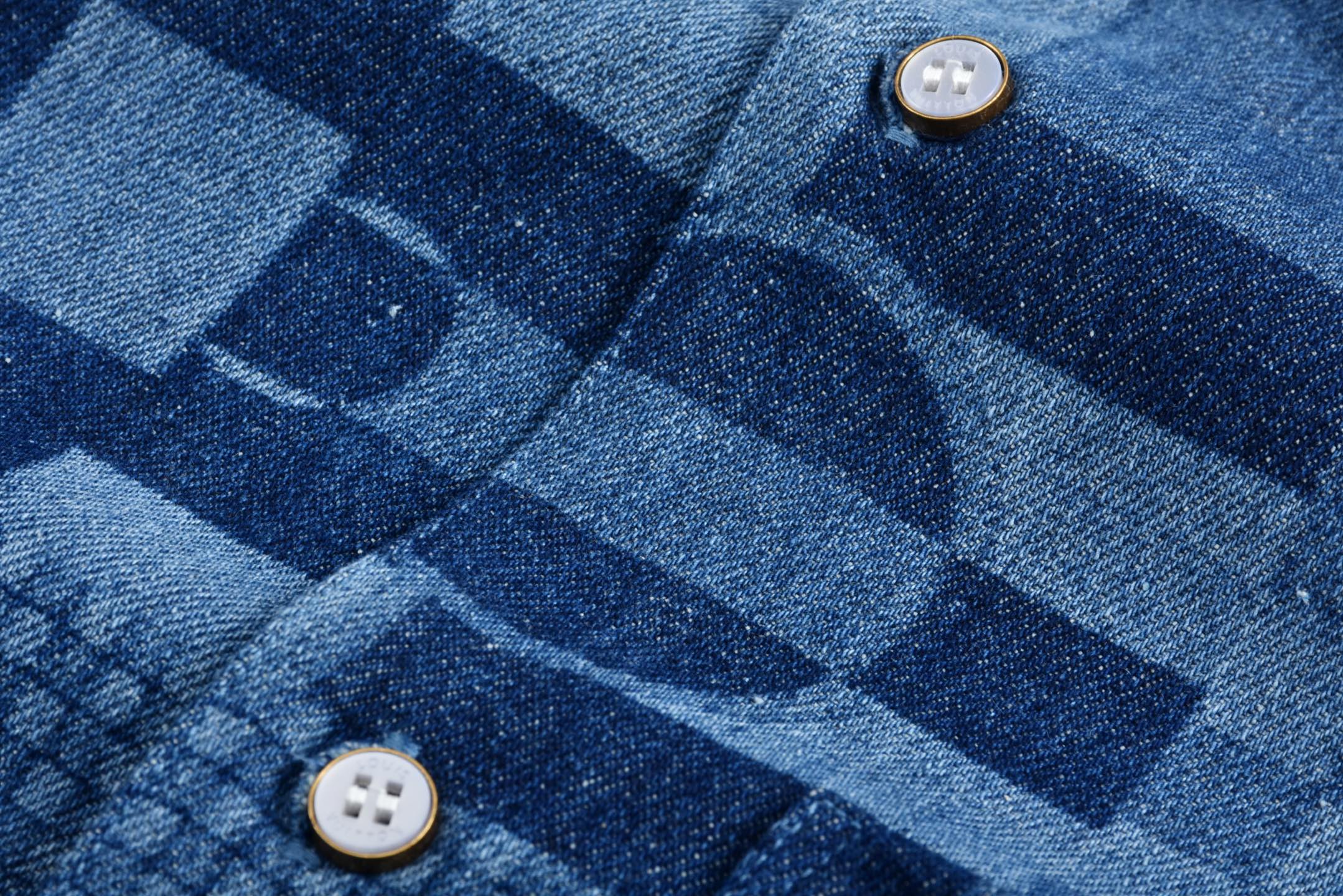 LOUIS VUITTON 路易威登 美洲杯联名拼接棋盘格牛仔衬衫 短袖 蓝色 1AFVQG