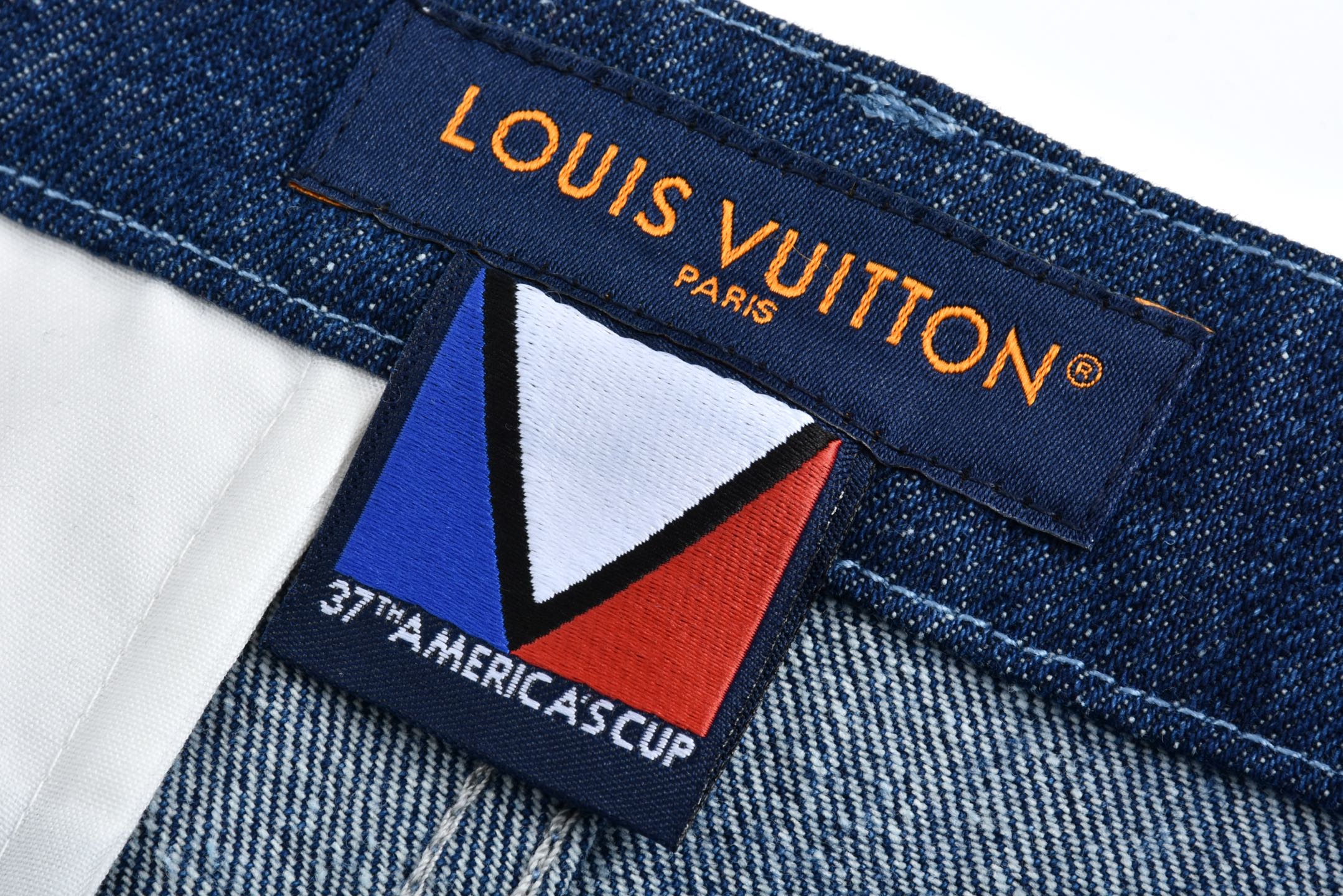 LOUIS VUITTON 路易威登 美洲杯联名 字母logo刺绣棋盘格牛仔短裤 休闲裤 裤子 蓝色 1AFVO5