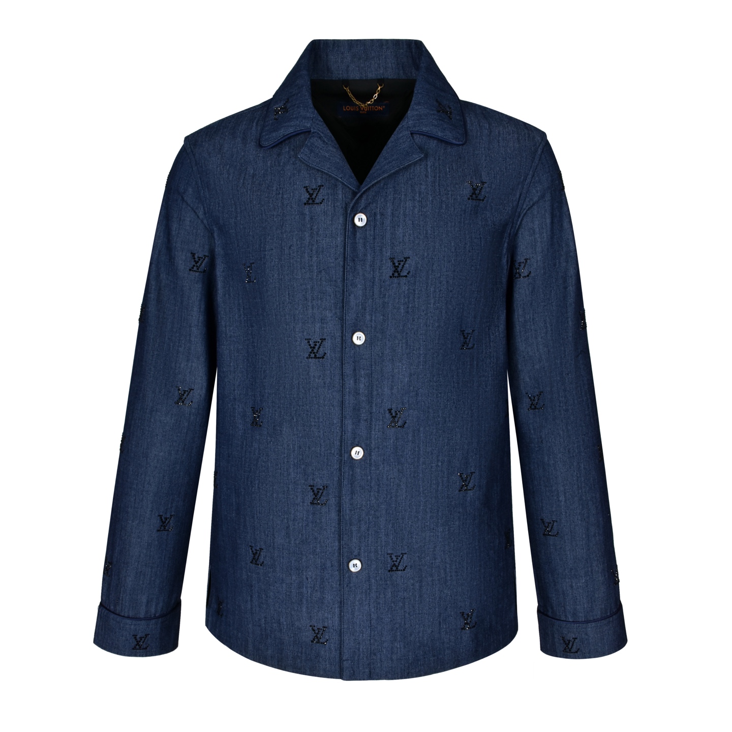 LOUIS VUITTON 路易威登 烫钻字母logo单排扣牛仔衬衫 外套 牛仔衣 上衣 蓝色 1AGJMC