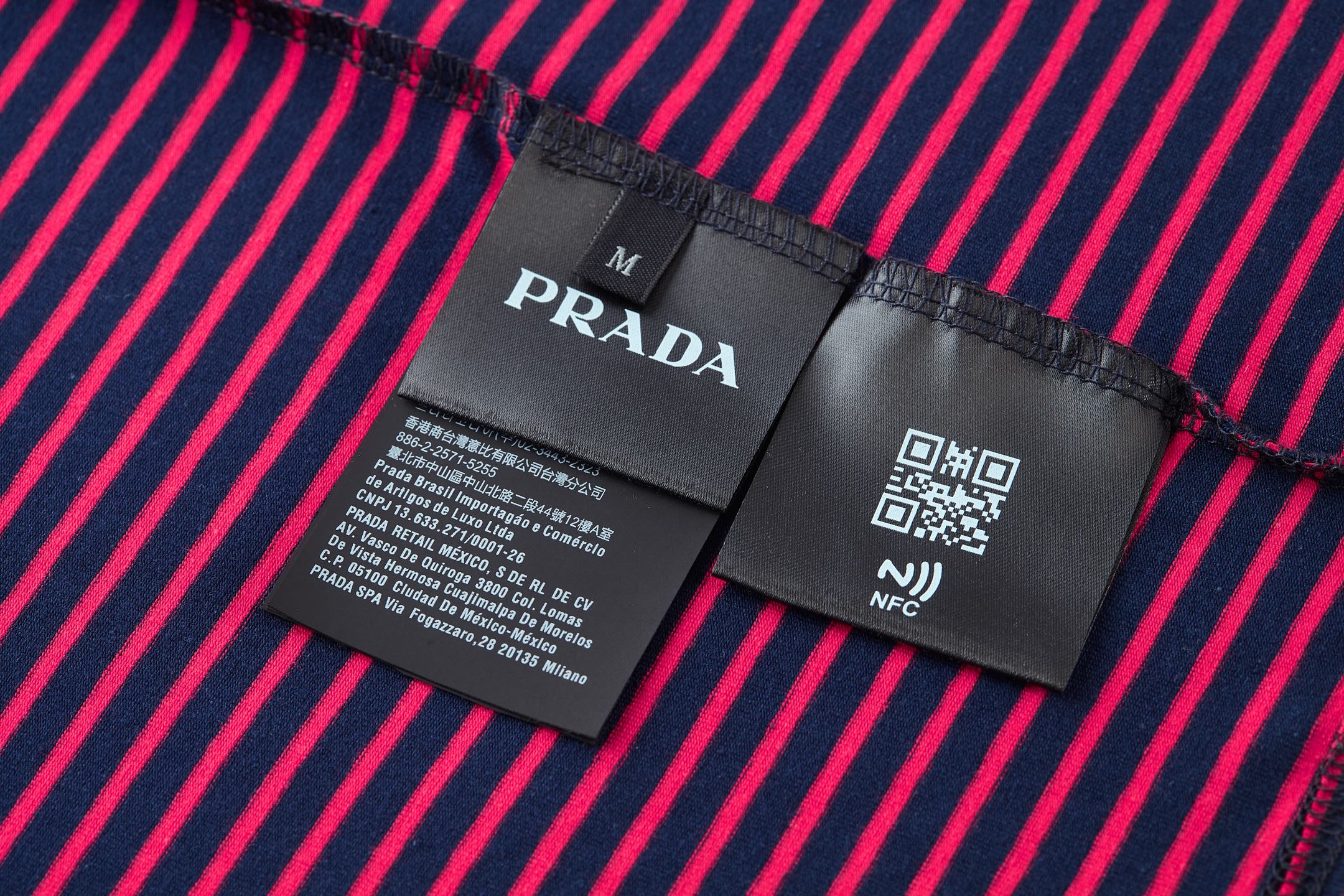 PRADA 普拉达 条纹撞色logo徽标短袖 T恤 红色 白色