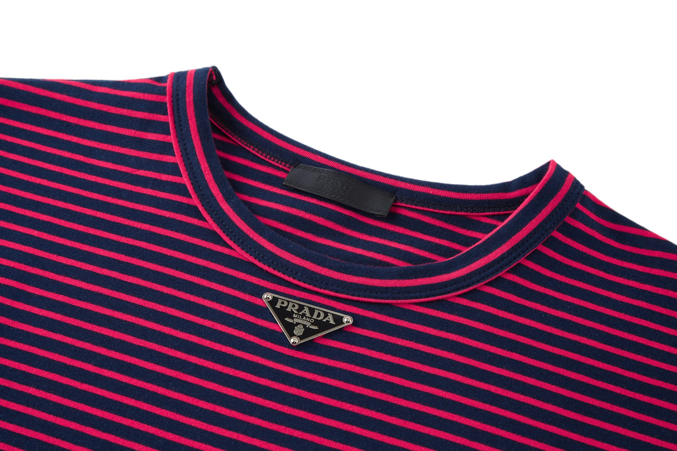 PRADA 普拉达 条纹撞色logo徽标短袖 T恤 红色 白色
