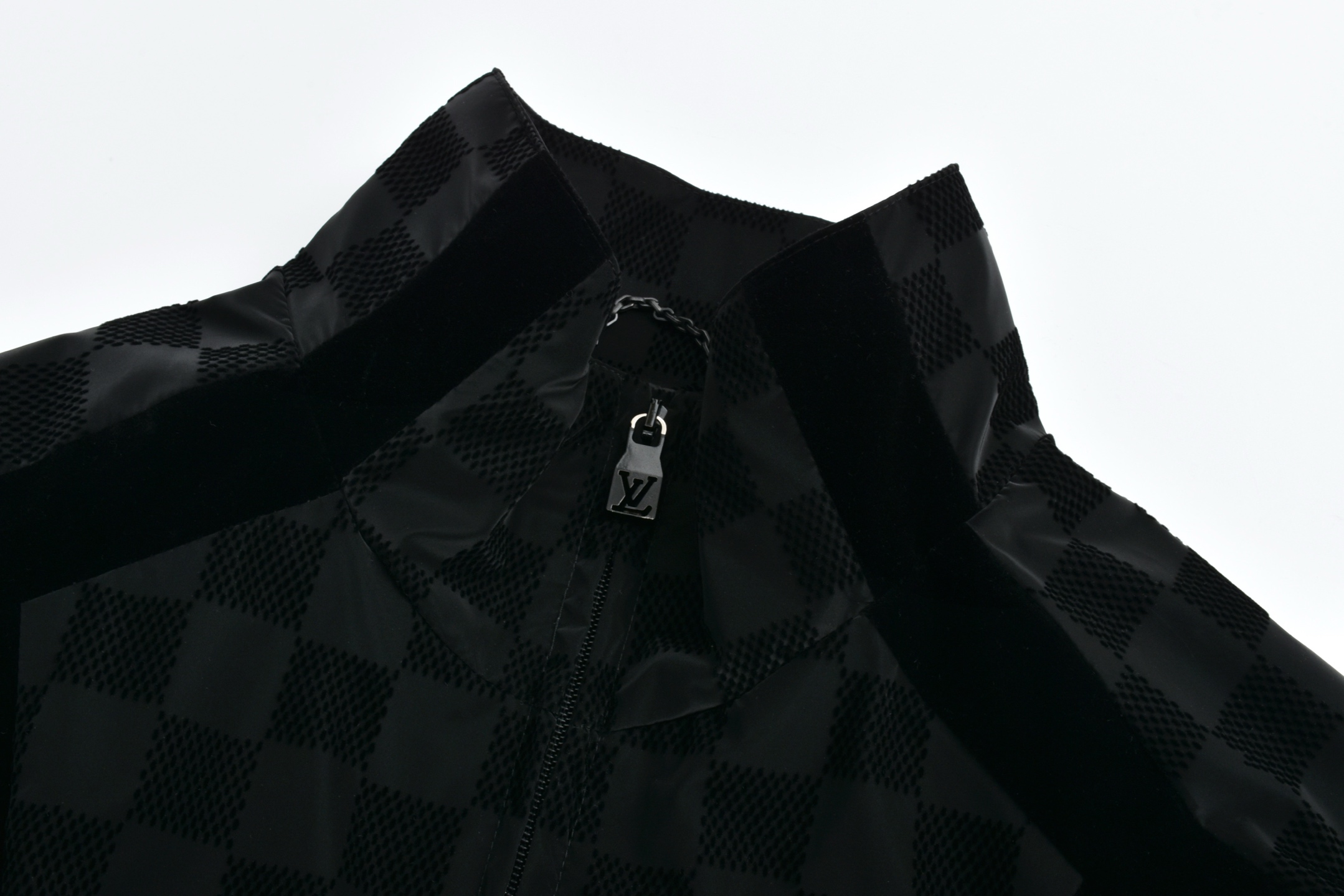 LOUIS VUITTON 路易威登 棋盘格拼接植绒拉链立领夹克 外套 黑色 1AHBG4