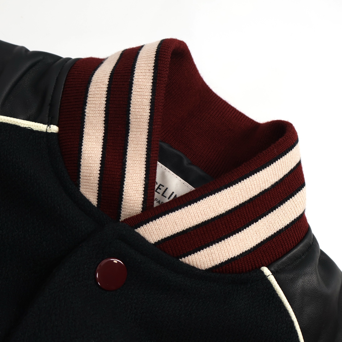 CELINE 赛琳 拼皮条纹字母logo羊羔毛棒球服 夹克 外套 长袖 黑色 D0 2V29T896C-14BU