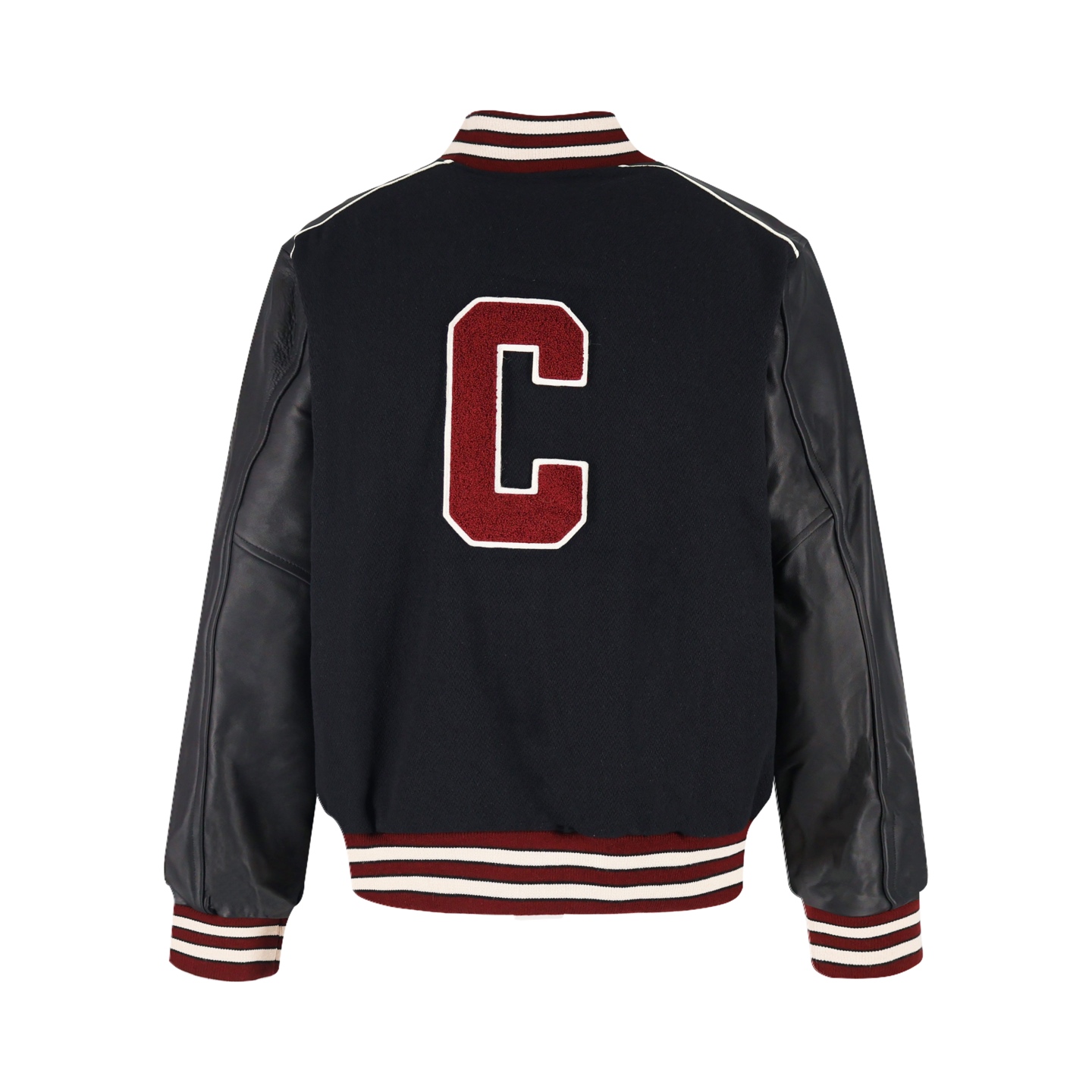 CELINE 赛琳 拼皮条纹字母logo羊羔毛棒球服 夹克 外套 长袖 黑色 D0 2V29T896C-14BU