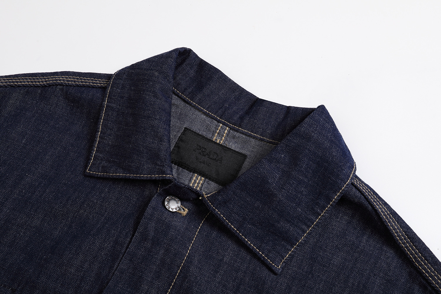 PRADA 普拉达 纯色三角徽标牛仔外套 牛仔衬衫 夹克 长袖 深蓝色 B0 GEB254-14J2-F0008-S-OOO