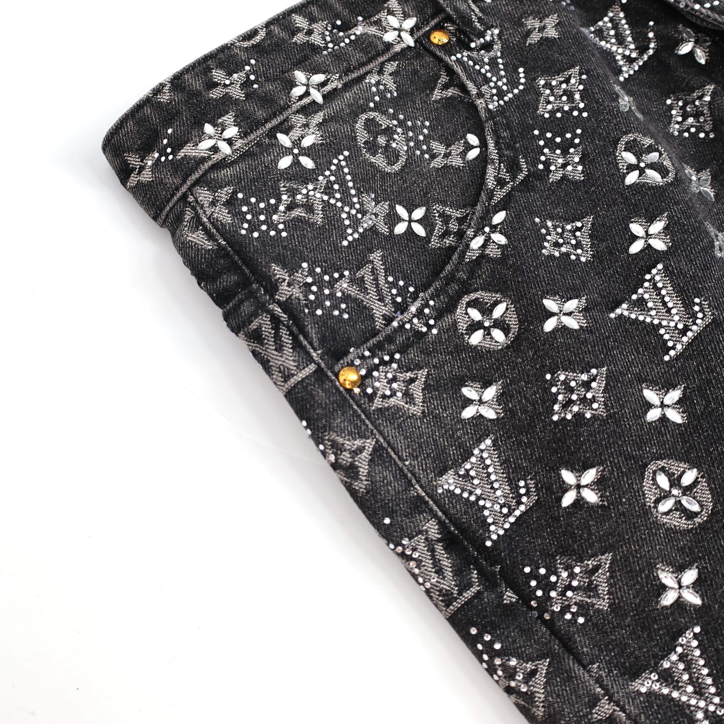 LOUIS VUITTON  路易威登 LV 字母logo满印烫钻牛仔裤 裤子 长裤 黑色 C0 1ABY8N