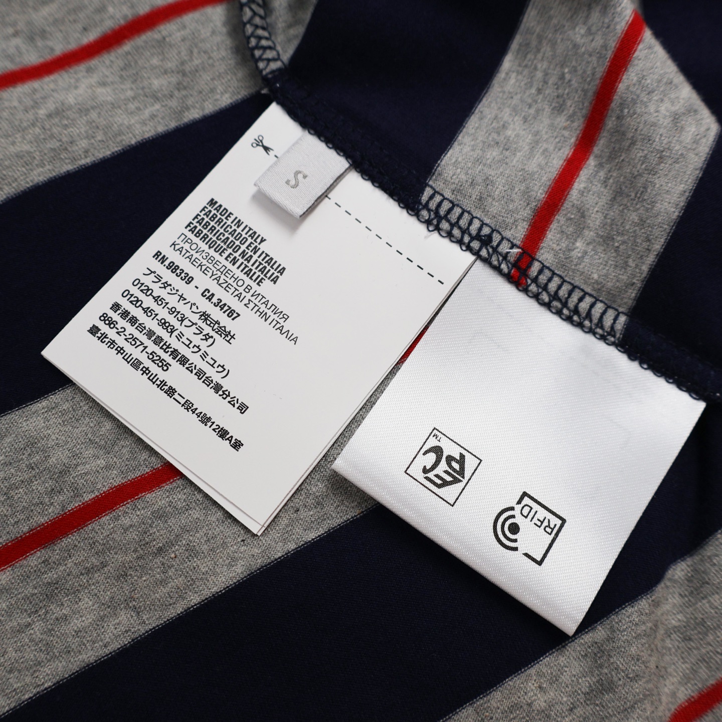 MIU MIU 缪缪 条纹口袋贴标T恤 打底衫 长袖 海军蓝 A5 MJL014-14RT-F0S5G-S-OOO