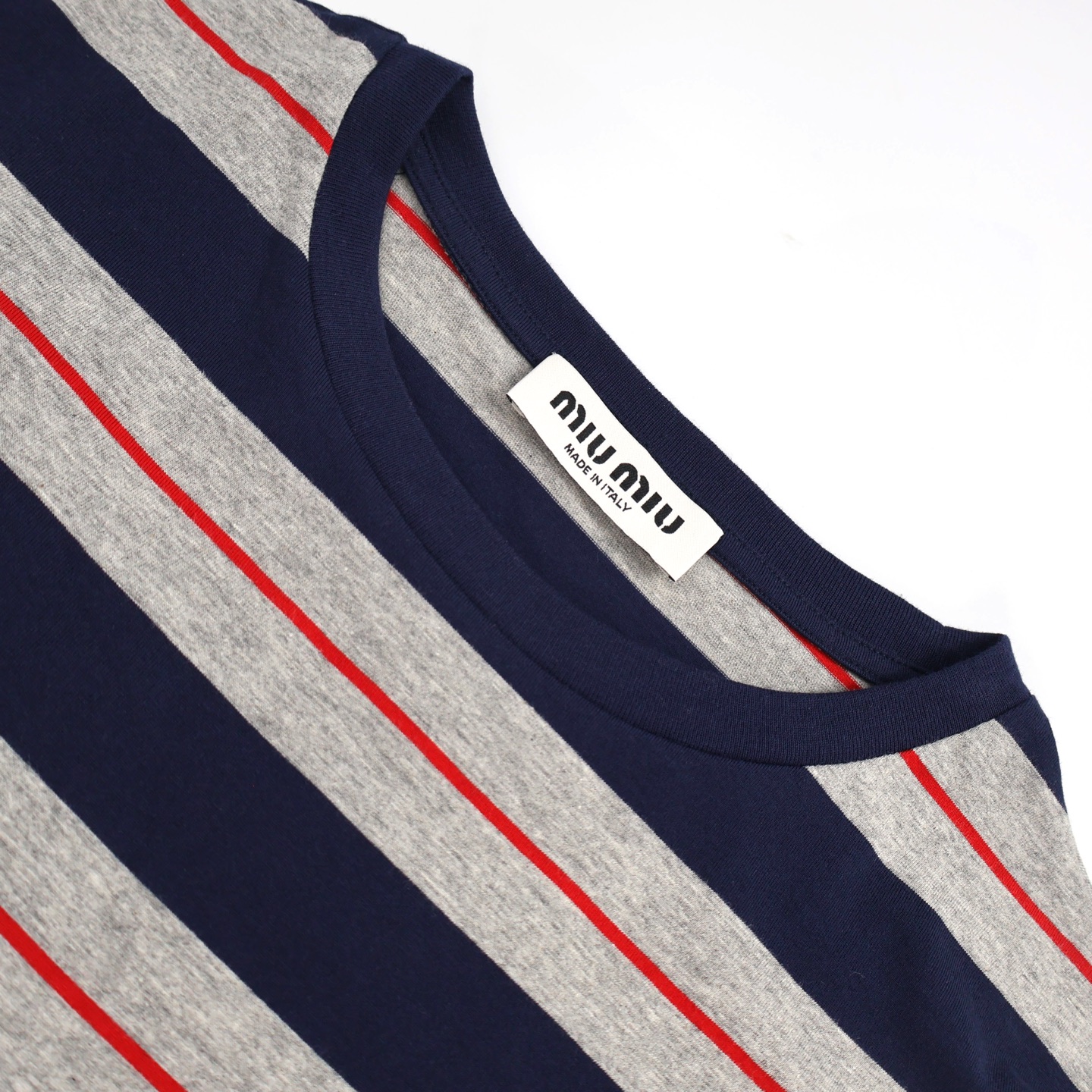 MIU MIU 缪缪 条纹口袋贴标T恤 打底衫 长袖 海军蓝 A5 MJL014-14RT-F0S5G-S-OOO