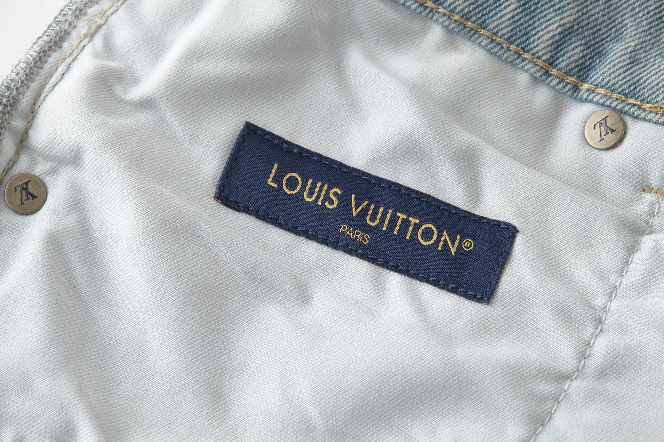 LOUIS VUITTON 路易威登 LV 麂皮皮牌口袋字母刺绣牛仔裤 裤子 长裤 蓝色 B0